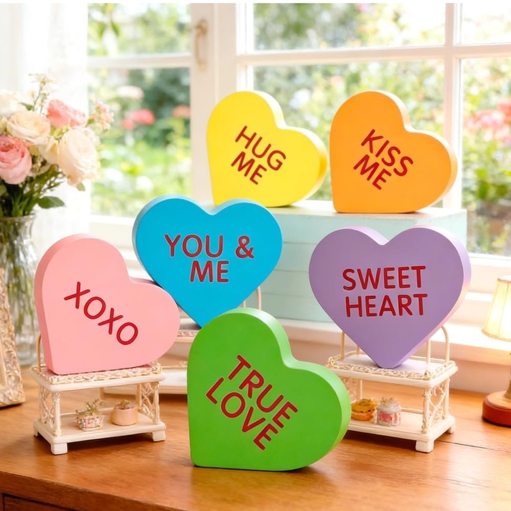 Valentine’s Day Decor Conversation Wooden Heart Sign - 6 Styles 3.5” New